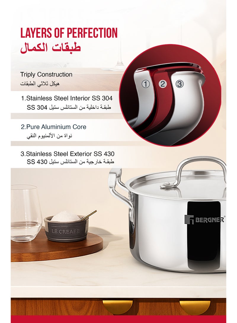 Bergner Tripro 20cm (2.4L) Tri-Ply Stainless Steel Casserole, Cook & Serve Biryani Pot/Handi with Lid, Even Heat Distribution, Energy Saving, Healthy Cooking, Induction & Gas Stove Compatible - Image 3